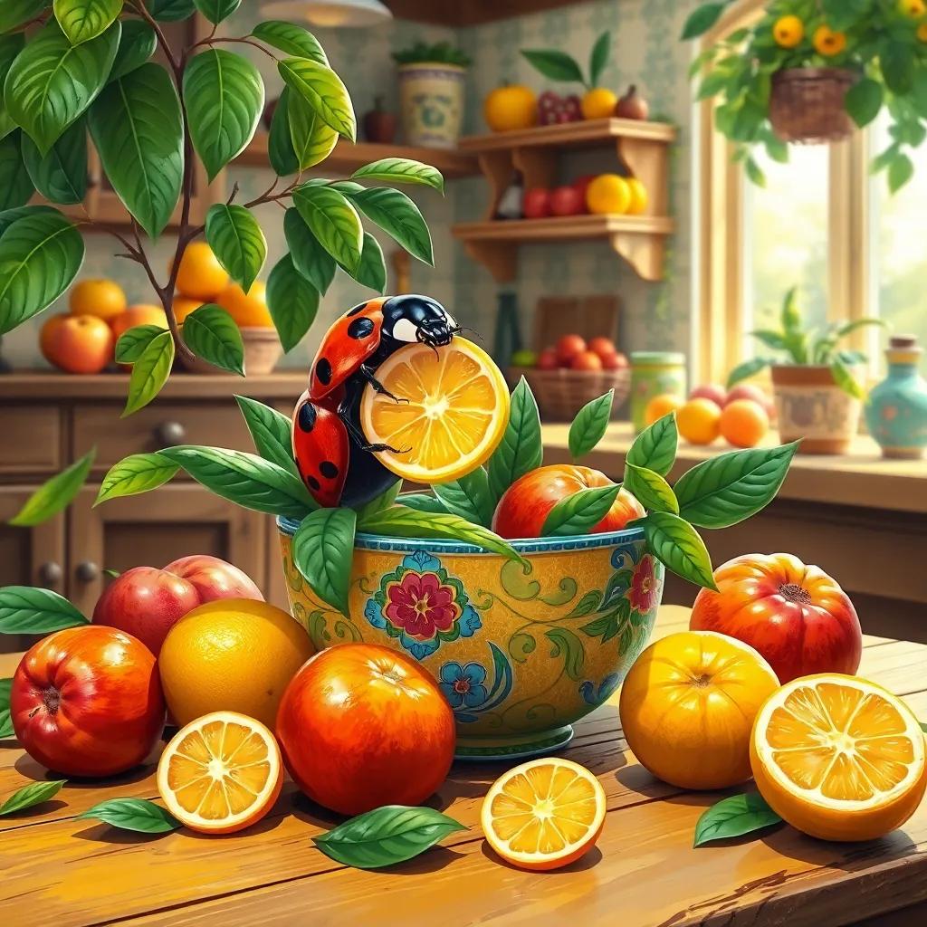 A ladybug squeezing a lemon into a colorful bowl with leafy greens around, with a sunny kitchen scene filled with fruits on a wooden table, digital painting, bright and cheerful, detailed, warm light