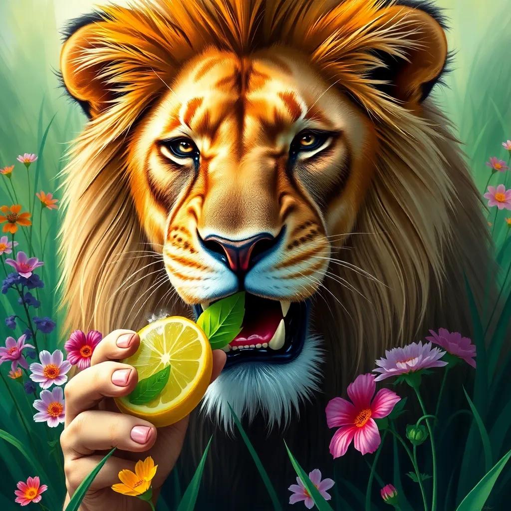 A close-up of the lion sipping the lemon and leaf juice with a joyful expression, surrounded by lush green grass and colorful flowers, digital art, happy scene, bright colors, high quality