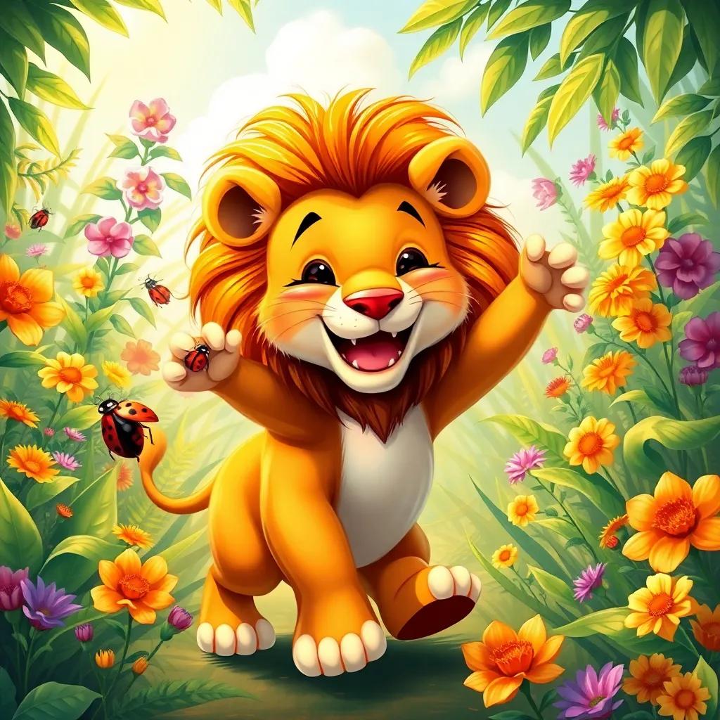 A lion with a bright smile, playfully dancing with a ladybug beside him, in a sunny jungle filled with vibrant plants and flowers, digital painting, joyful atmosphere, lively colors, high quality