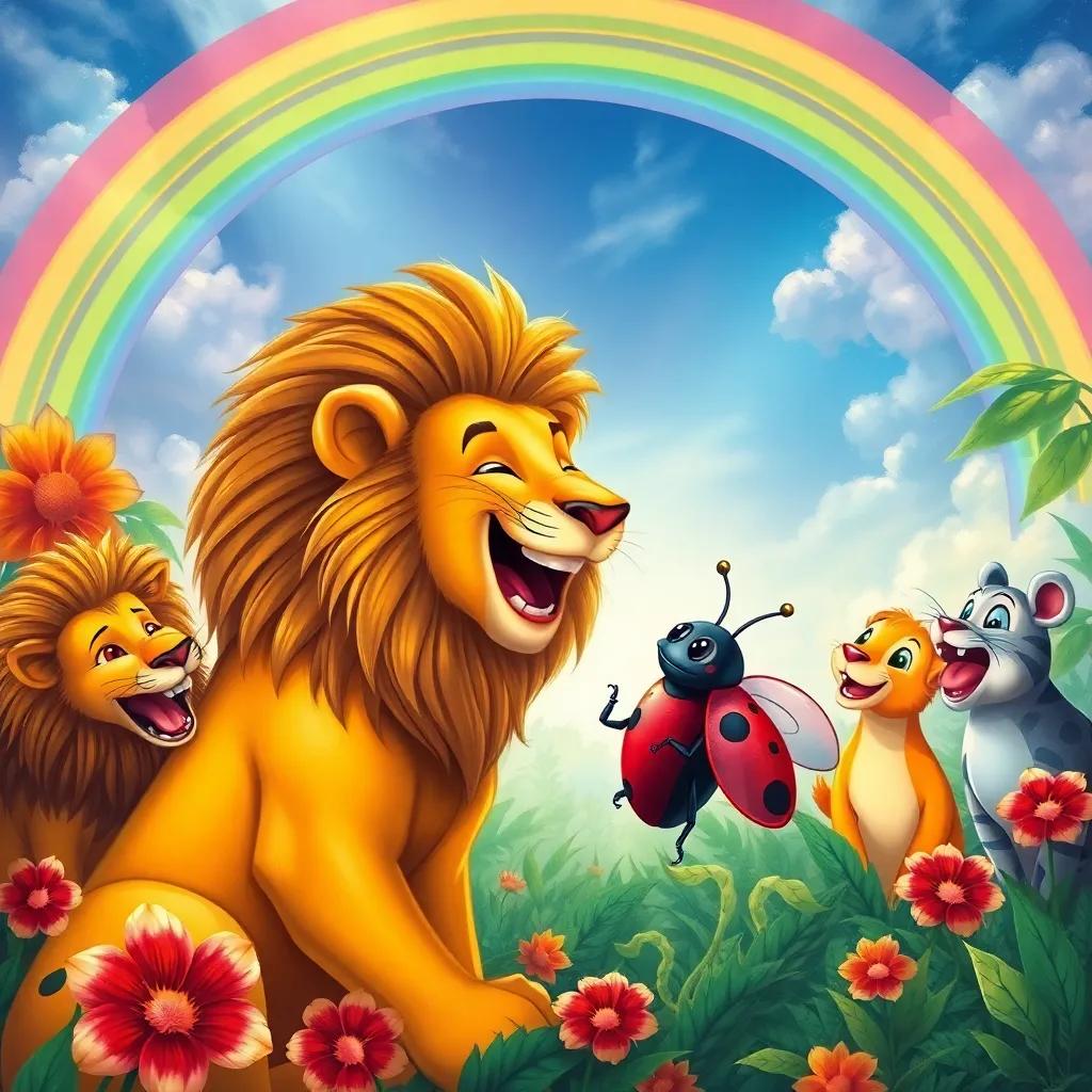A majestic scene of the lion and ladybug laughing together, with other jungle animals watching in delight, under a rainbow-filled sky, illustration, colorful and lively, heartwarming scene, high quality