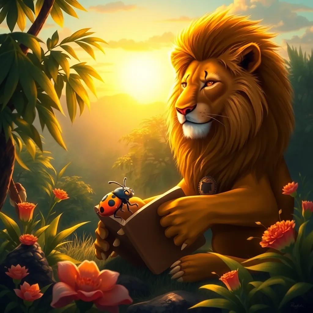 A beautiful jungle landscape with the sun setting, the lion and ladybug sitting together, sharing stories and happiness, with golden light illuminating their friendship, digital art, warm colors, serene atmosphere, high quality