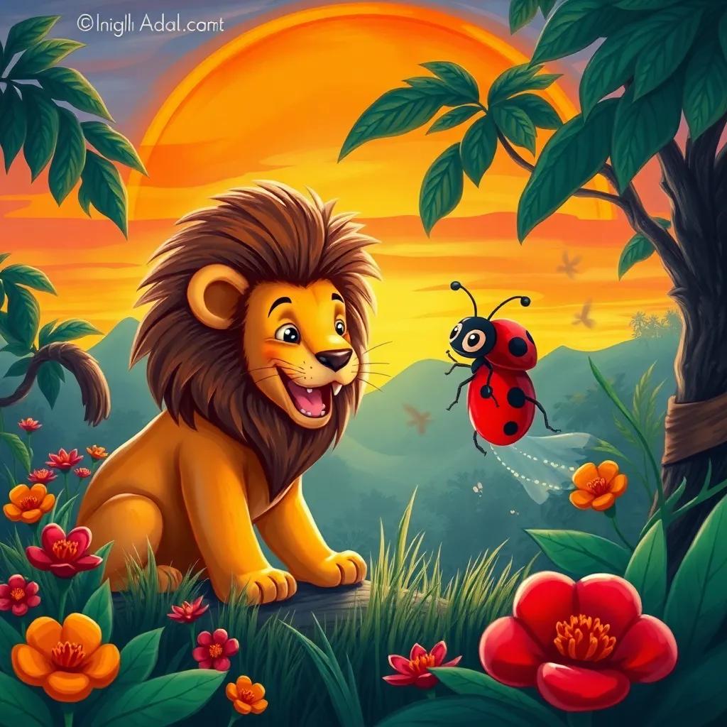 A whimsical illustration of the lion and ladybug continuing their adventures together, exploring the jungle with a vivid sunset, filled with laughter and joy, digital painting, bright and enchanting, high quality