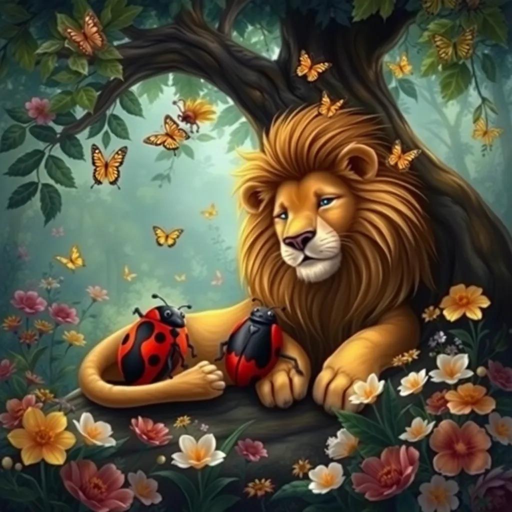 A cozy scene of the lion and ladybug relaxing under a tree, with the jungle around, surrounded by flowers and butterflies, reflecting their strong friendship, digital art, calming colors, peaceful vibe, high quality