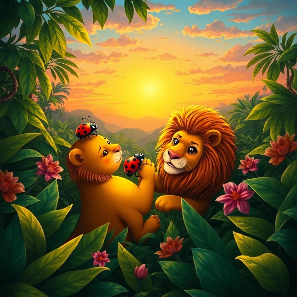 A heartwarming aerial view of the lush jungle, with the lion and ladybug together, symbolizing friendship and love in nature, against a vibrant sunset backdrop, illustration, vibrant and inviting, high quality