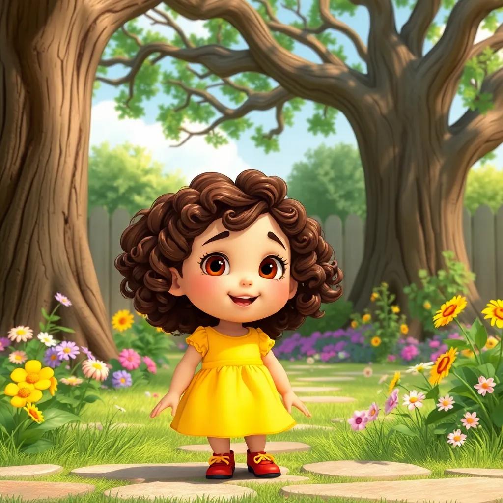 A curious little girl, Mia, with curly brown hair wearing a bright yellow dress, exploring her backyard filled with flowers and a big oak tree, cheerful atmosphere, vibrant colors, whimsical style, high quality