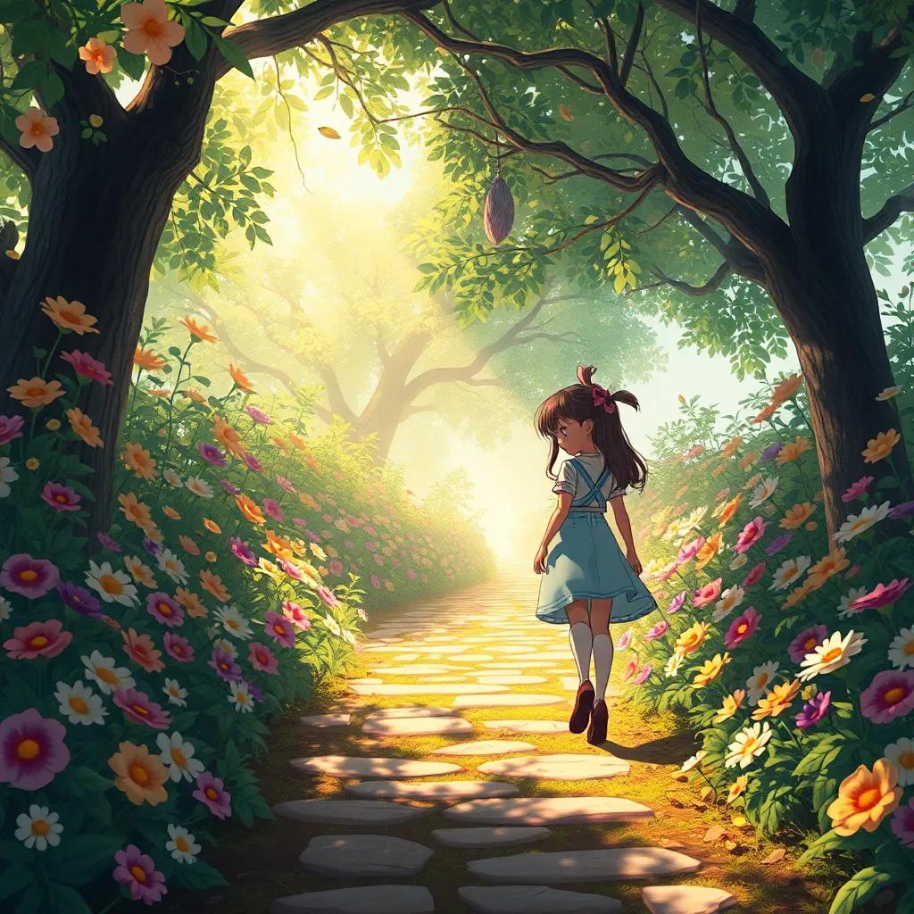 Mia, following a narrow path covered in colorful flowers, sunlight filtering through tree branches, the ground has beautiful patterns, enchanting feel, detailed illustration, warm light