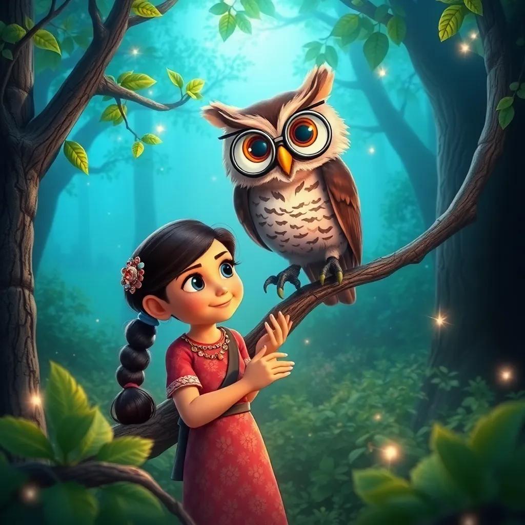 Mia, meeting a wise old owl with round glasses perched on a branch, surrounded by magical forest scenery with sparkling leaves, inviting and friendly, digital art, high quality