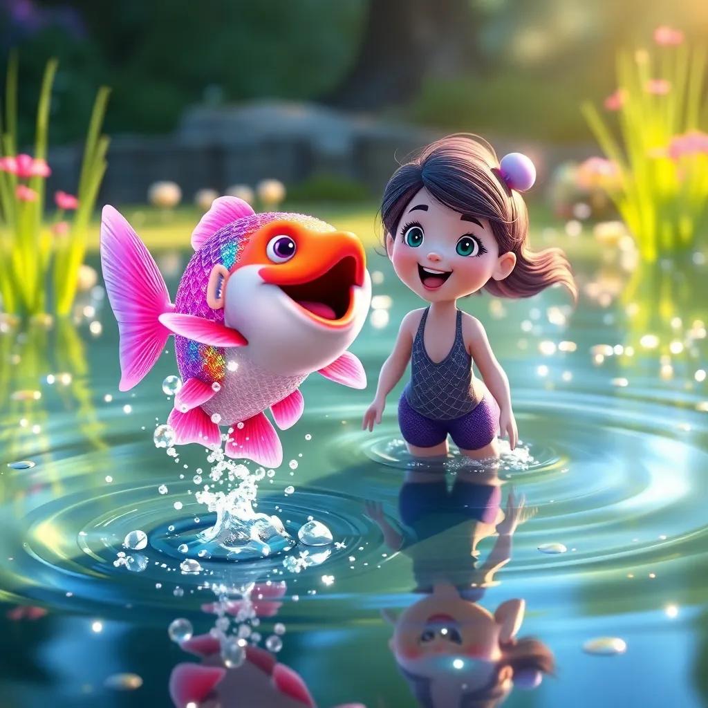 Mia, at a sparkling pond with a joyful fish jumping out of the water, the fish is colorful and glittering in the sunlight, cheerful and magical atmosphere, vibrant colors