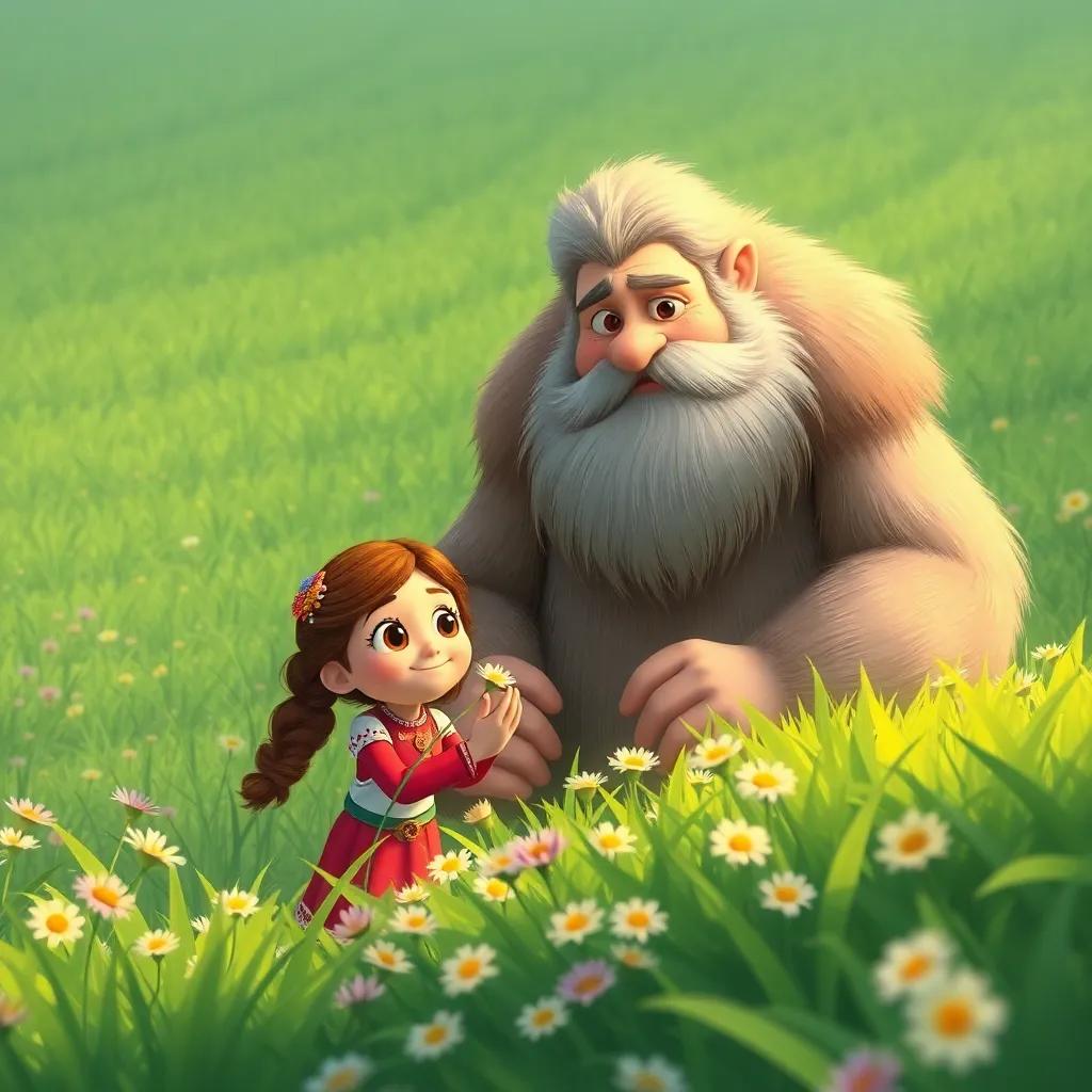 Mia, with a gentle giant named Boris, who has a big fluffy beard and warm hands, picking flowers in a lush green field, soft and warm light, heartwarming and friendly, illustration
