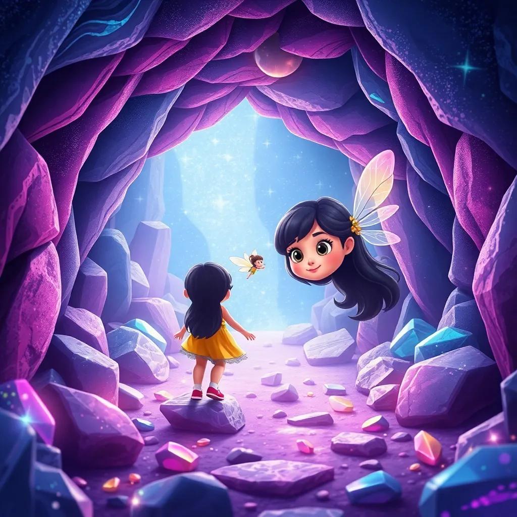 Mia, entering a sparkling cave filled with glittering stones, a tiny fairy named Lila with delicate wings is fluttering, magical cave ambiance, bright colors, cute and whimsical style