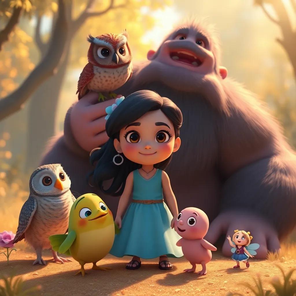 Mia surrounded by her friends, the wise owl, the joyful fish, gentle giant Boris, and the tiny fairy Lila, all gathered for a goodbye, warm atmosphere, sunny glow, heartfelt scene