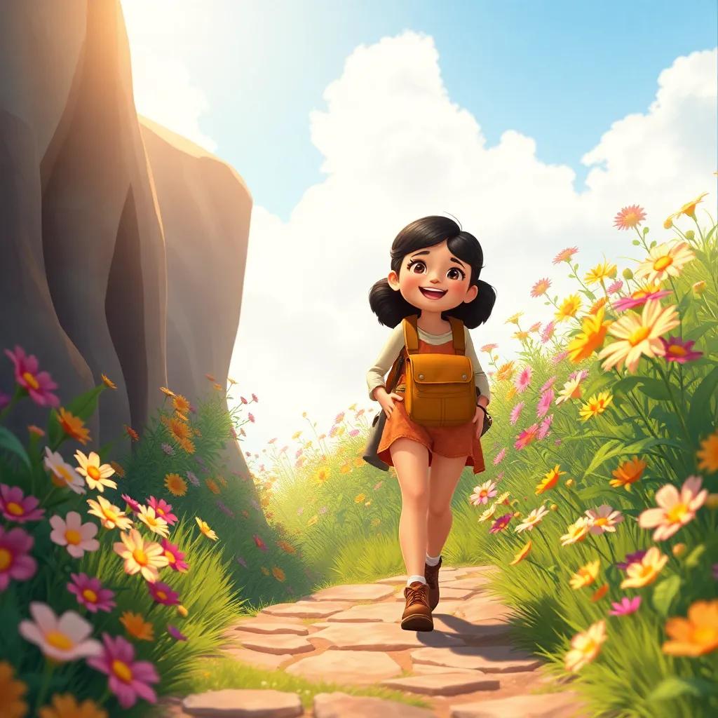 Mia retracing her steps back on the narrow path with colorful flowers, feeling joyful and empowered, adventure-themed, soft and warm light, vibrant illustration