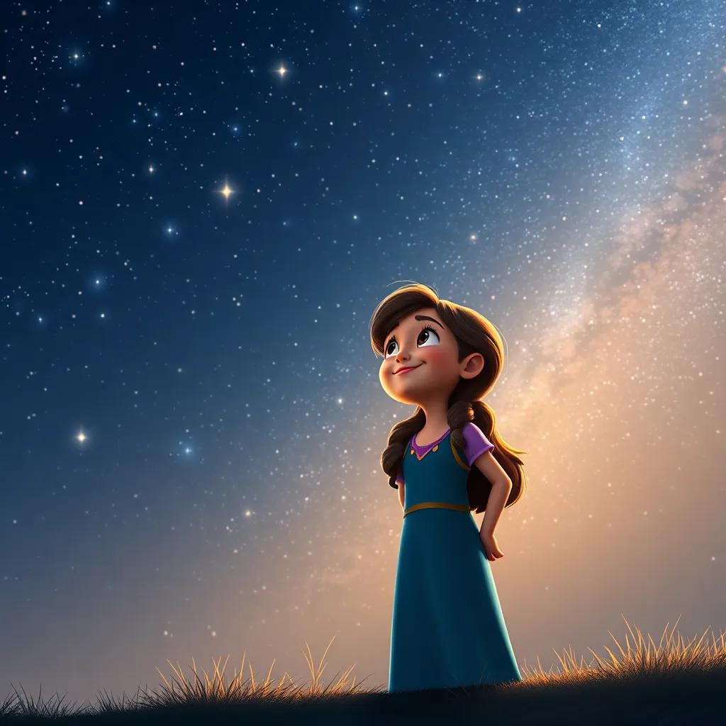 Mia standing under a starlit sky, looking at the twinkling stars with a grateful smile, her heart feels warm with the magic of her adventure, dreamy and serene atmosphere