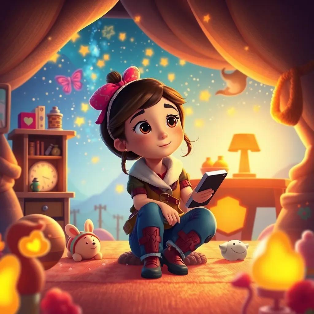 Mia, now back home, reflecting on her adventure as an adventurer, surrounded by her glowing imagination filled with joyful memories, cozy and inspiring, colorful details.
