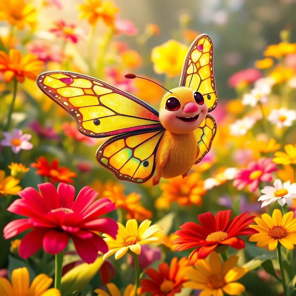 Max the Moth, a colorful moth with shimmering wings, fluttering happily in a vibrant garden filled with bright flowers, digital art, cheerful and lively colors, warm and inviting atmosphere, high quality