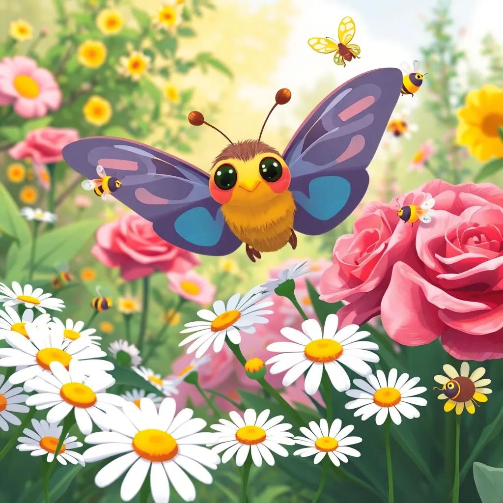 A garden scene with Max the Moth flying over daisies and peeking into rose bushes, surrounded by cheerful bees and butterflies, illustration, bright colors, whimsical and child-friendly, detailed