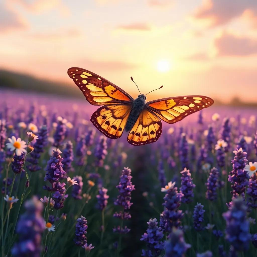 Max the Moth gliding towards a lavender field, where flowers swaying gently in a soft breeze, with a sweet aroma filling the air, digital painting, serene and vibrant, uplifting atmosphere
