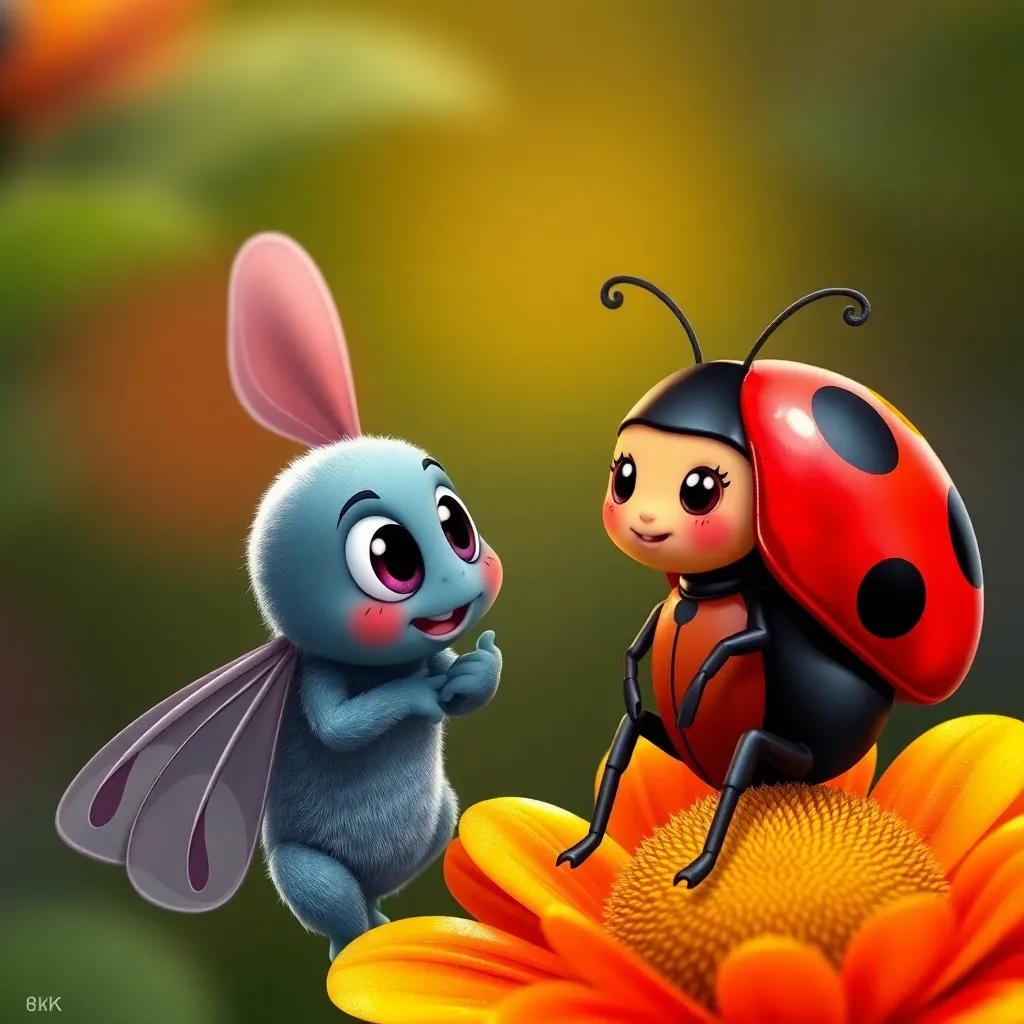 Max the Moth chatting with Lila the Ladybug, a cute ladybug with shiny red wings and black spots, sitting on a colorful flower, friendly and inviting, high-quality illustration