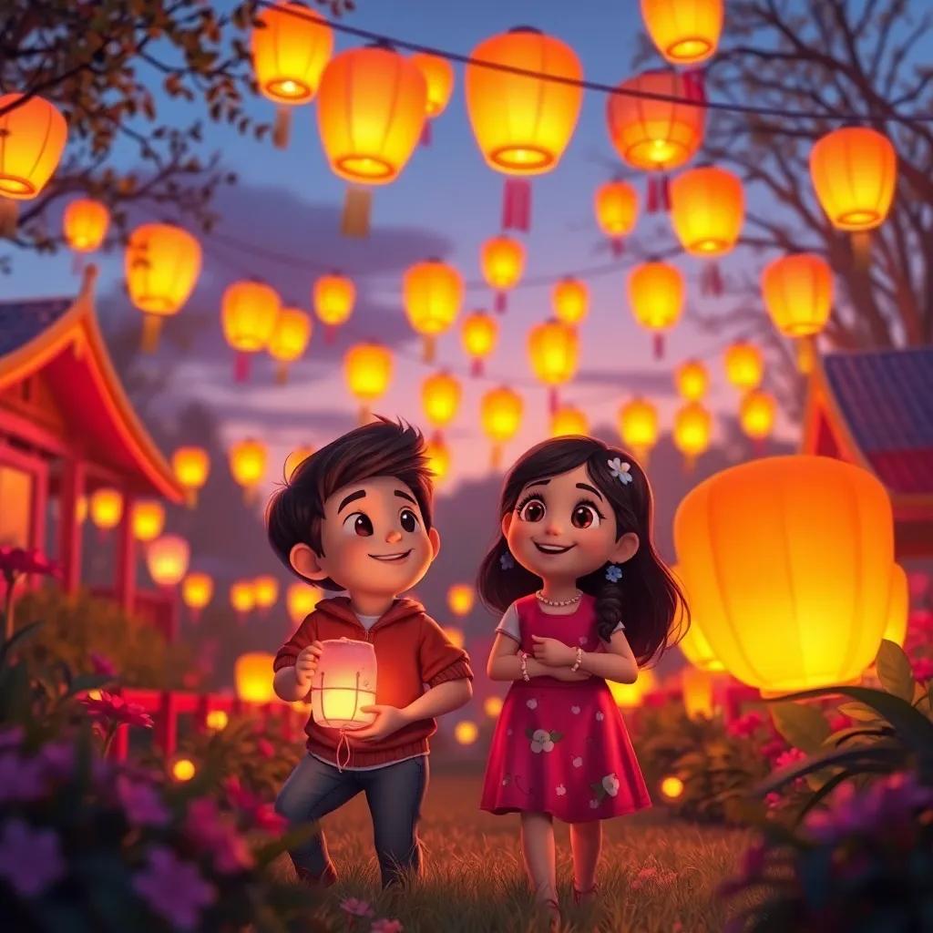 Max and Lila discovering a glowing lantern festival in the garden, with glowing lanterns dancing in the twilight sky, creating an enchanting atmosphere, vivid colors, cheerful and magical scene, high quality