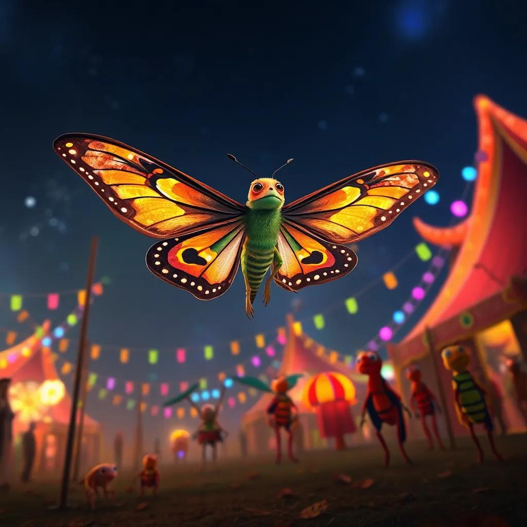 Max the Moth twirling gracefully through the air at the festival, with fellow insects watching in awe, colorful lights reflecting off his wings, digital art, joyful and captivating, fantasy