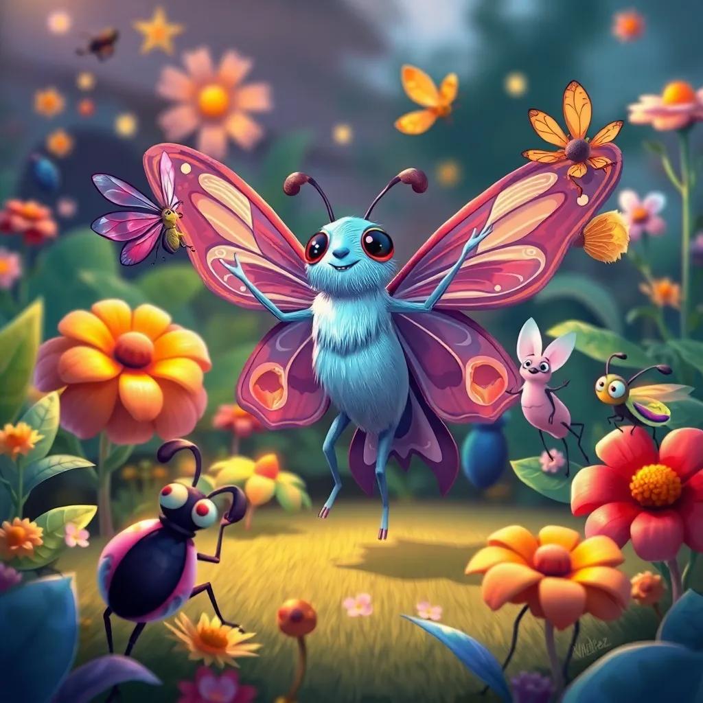 Max the Moth dancing with other insects in the garden, all embracing their uniqueness, creating a beautiful scene of friendship and acceptance, illustration, warm and colorful, vibrant