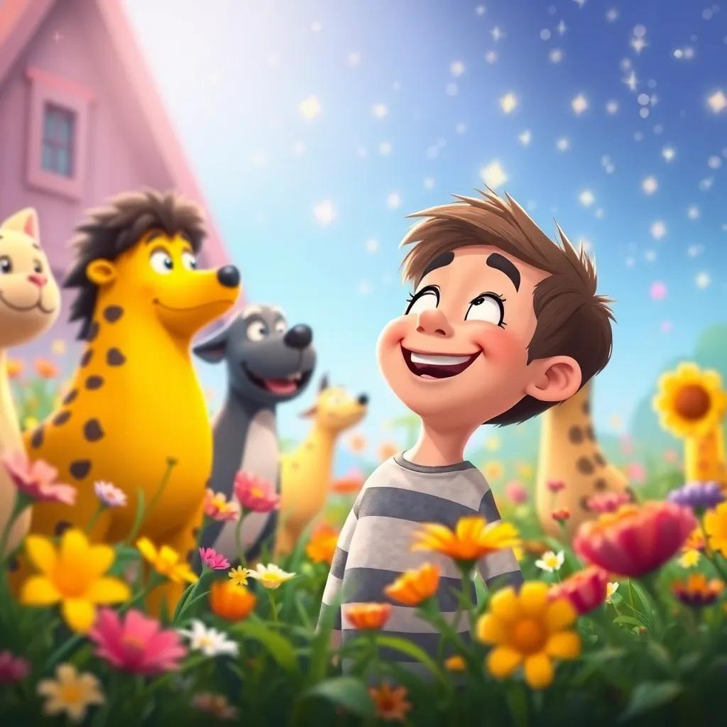 Max looking around at his friends with a big smile, feeling proud and happy in the colorful world, bright flowers and twinkling lights, uplifting illustration, heartwarming and joyful