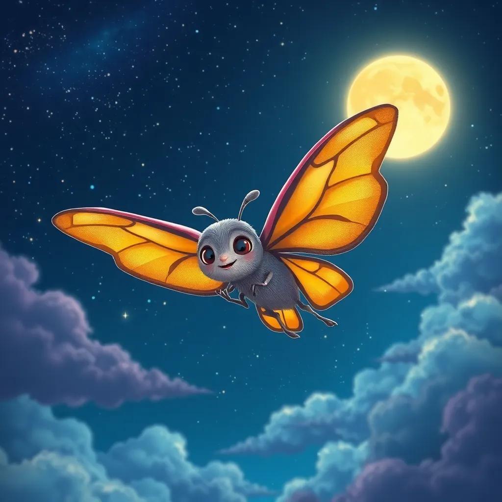 Max the Moth flying home under a twinkling starry sky, feeling light and filled with love, colorful clouds and a glowing moon in the background, digital art, dreamy and whimsical, high quality