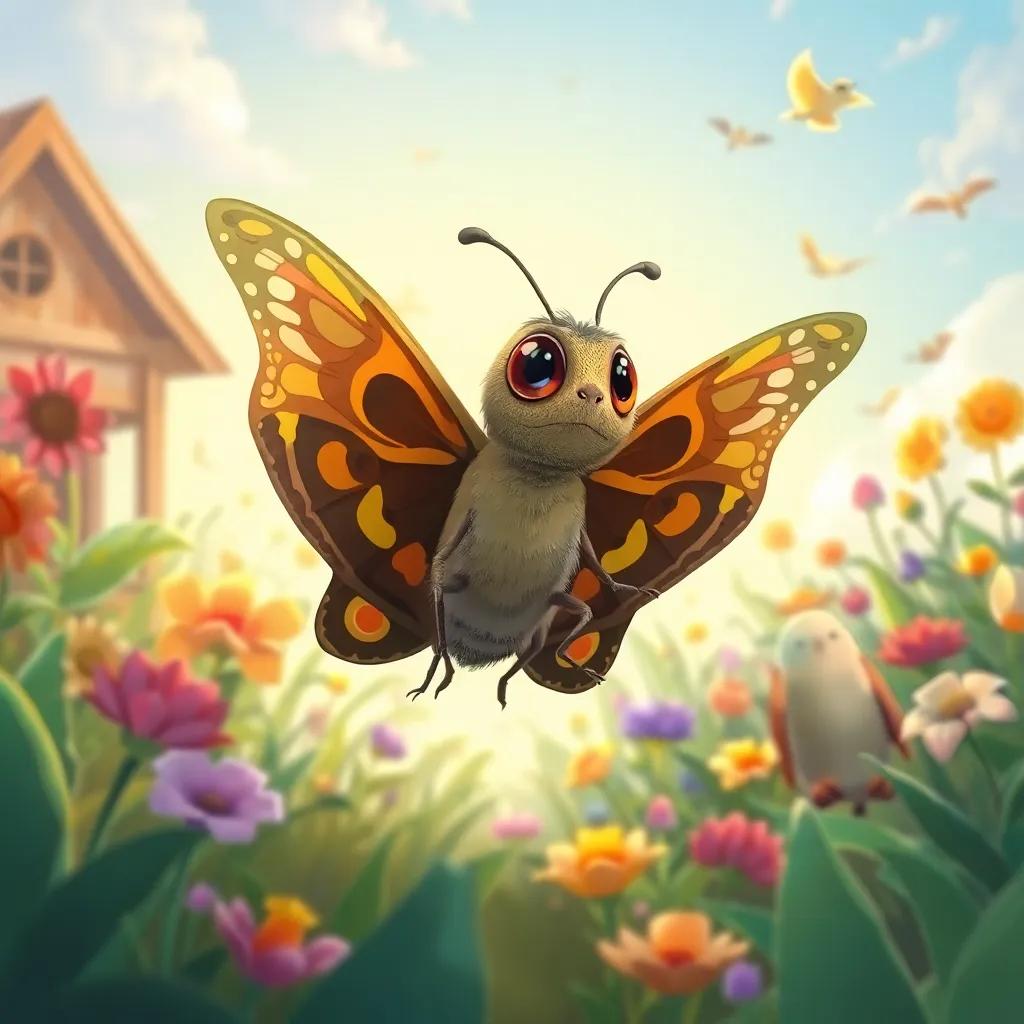 Max the Moth exploring more adventures in the garden, surrounded by new friends and exciting moments to come, colorful scenery, vibrant and adventurous, heartwarming illustration