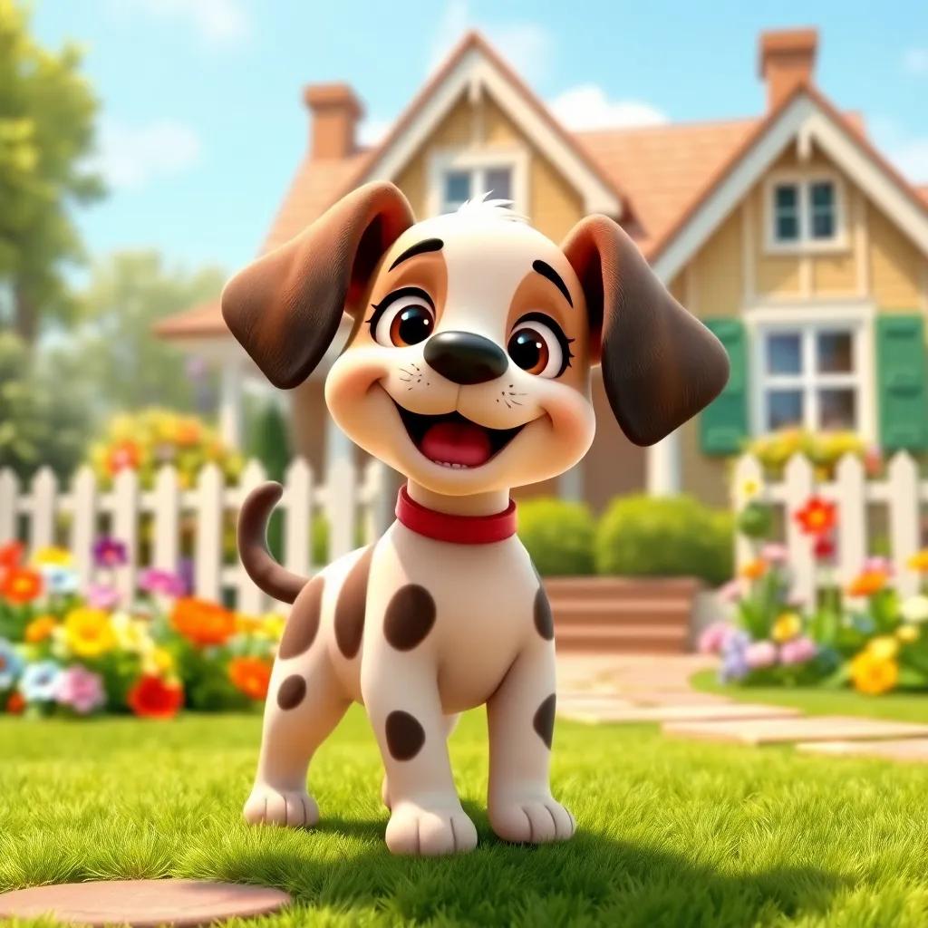 A playful puppy, Spotty, with big floppy ears and a wagging tail, standing in front of a cozy house with a picket fence and colorful flowers in the garden, bright sunlight, cheerful atmosphere, happy mood