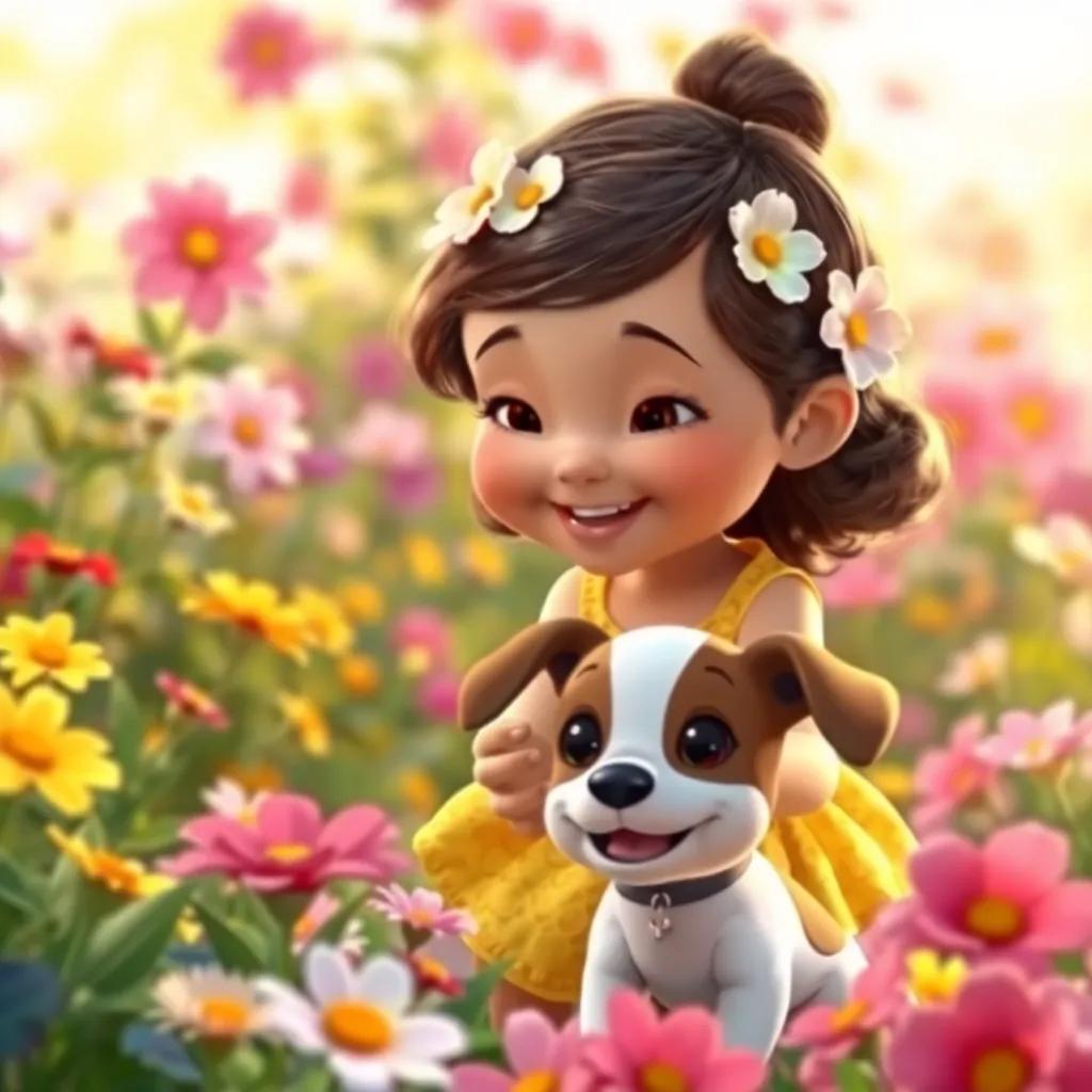A little girl, Lily, with a bright yellow dress and flowers in her hair, playing with Spotty the puppy in a vibrant garden filled with blooming flowers, warm light, joyful, colorful, cheerful scene