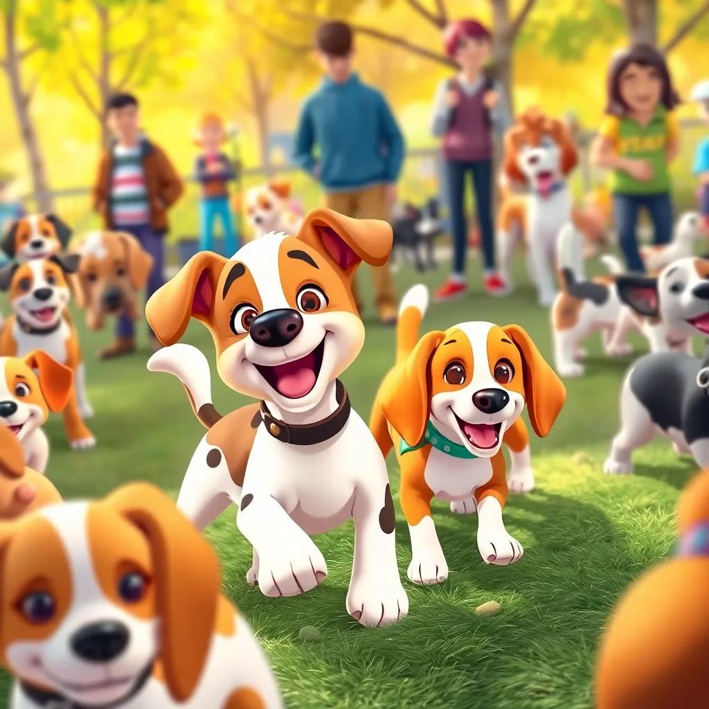 A lively dog park with Spotty the puppy, wagging his tail while playing with a beagle named Benny, surrounded by other happy dogs and people, colorful, bright, full of action