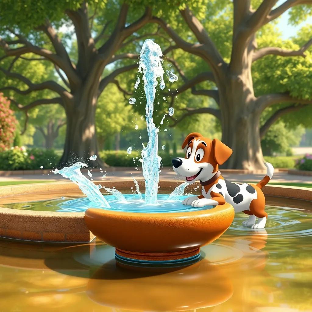 Spotty the Dog drinking from a fountain, cool water splashing around him, with big trees providing shade, bright and sunny day, refreshing, joyful scene