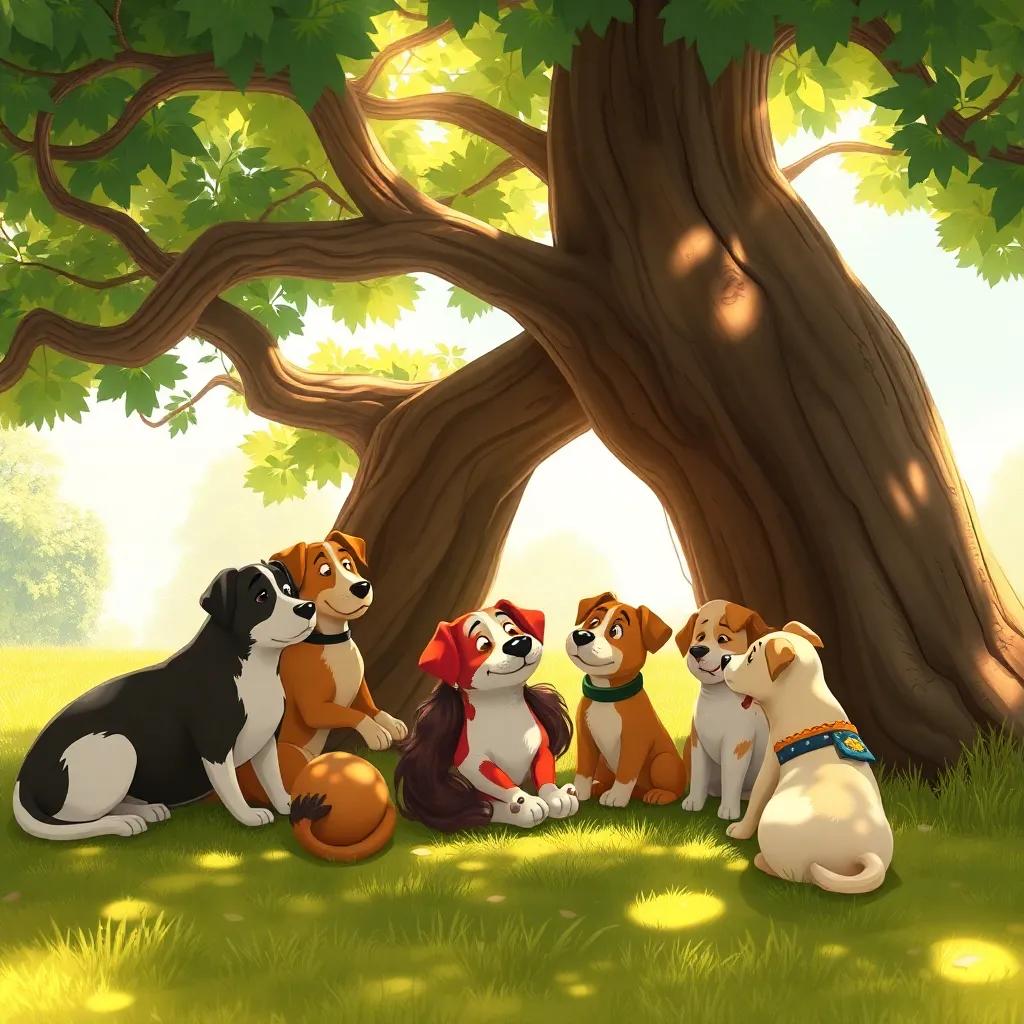 Spotty resting under a shady tree with his new friends, dogs of different breeds listening to each other's stories, warm sunlight, peaceful, friendly gathering
