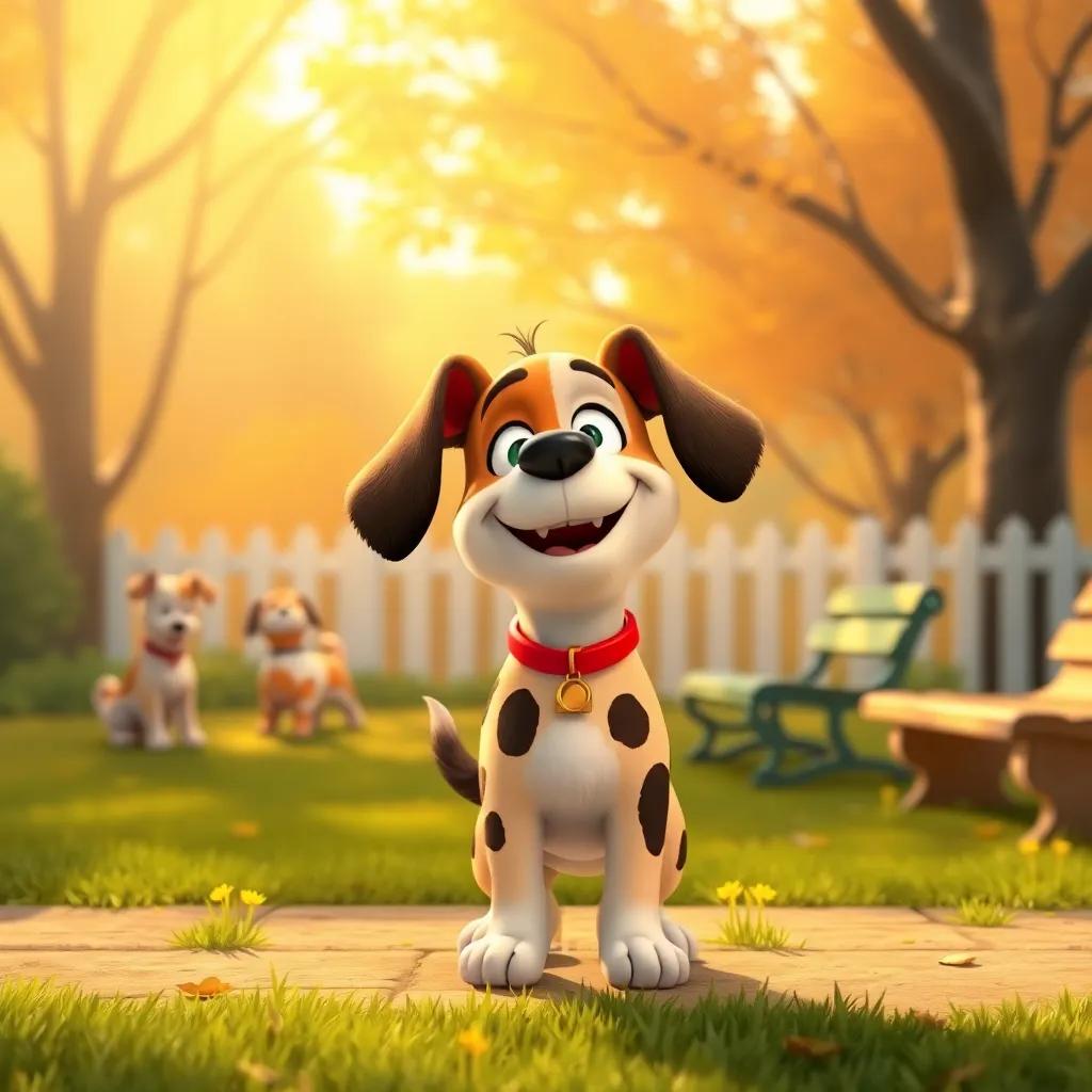 Spotty the Dog saying goodbye to his friends at the park, smiling, feeling happy as he leaves the park, warm light, emotional farewell