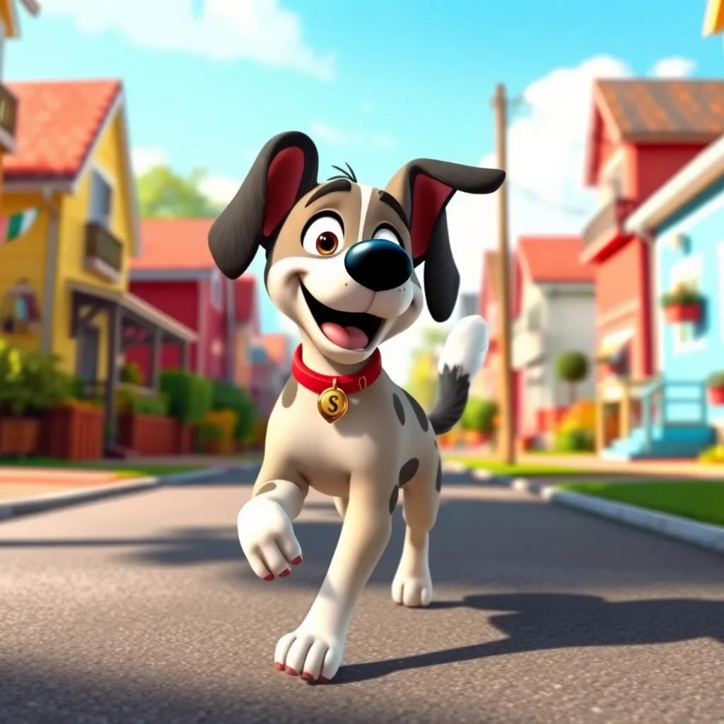 Spotty walking back home on a sunny street, with a wagging tail, excited and happy, colorful houses lining the street, cheerful atmosphere, adventure-filled vibes