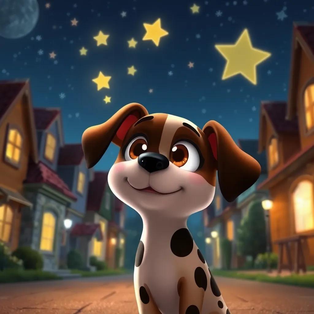 Spotty with bright eyes, dreaming of more adventures in his neighborhood, stars above his head, warm and inviting, magical nighttime scene