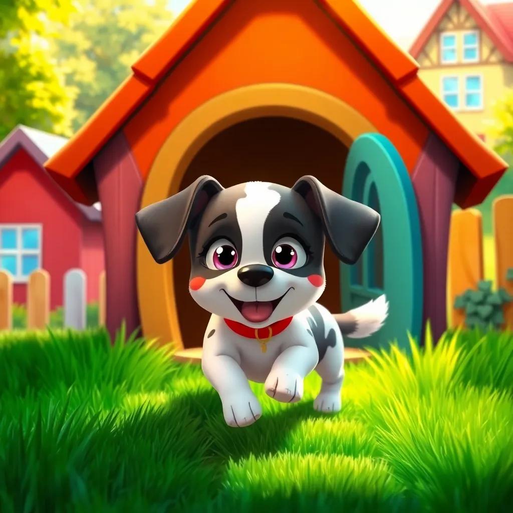 A little dog, Spotty, with bright eyes and a fluffy tail, eagerly stepping out of a colorful doghouse into a sunny neighborhood, joyful mood, detailed digital art, vibrant colors, grassy path, high quality