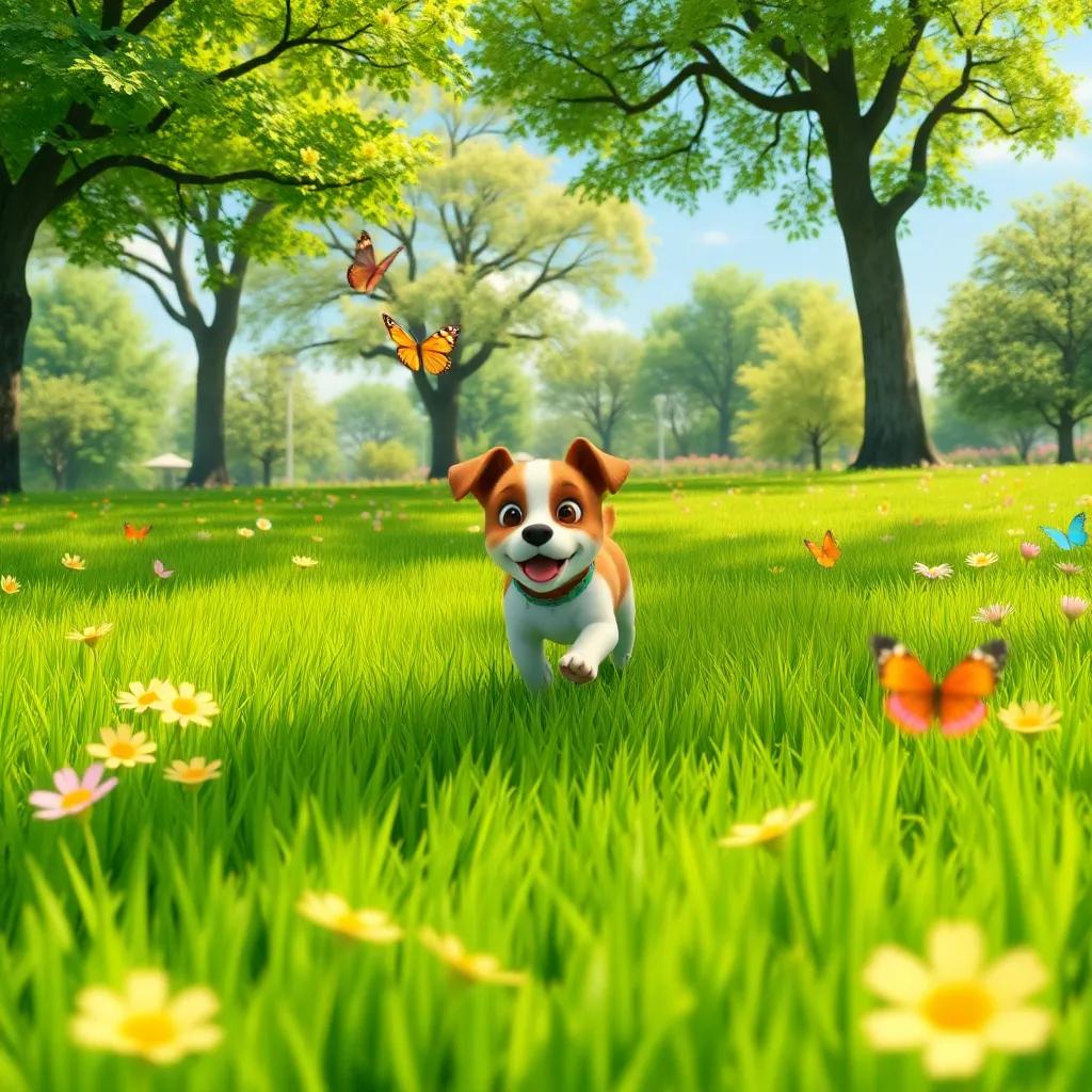 A sunny park filled with green grass, where Spotty, the little dog, runs after colorful butterflies, with trees and flowers around, cheerful atmosphere, bright colors, lively scene, high quality