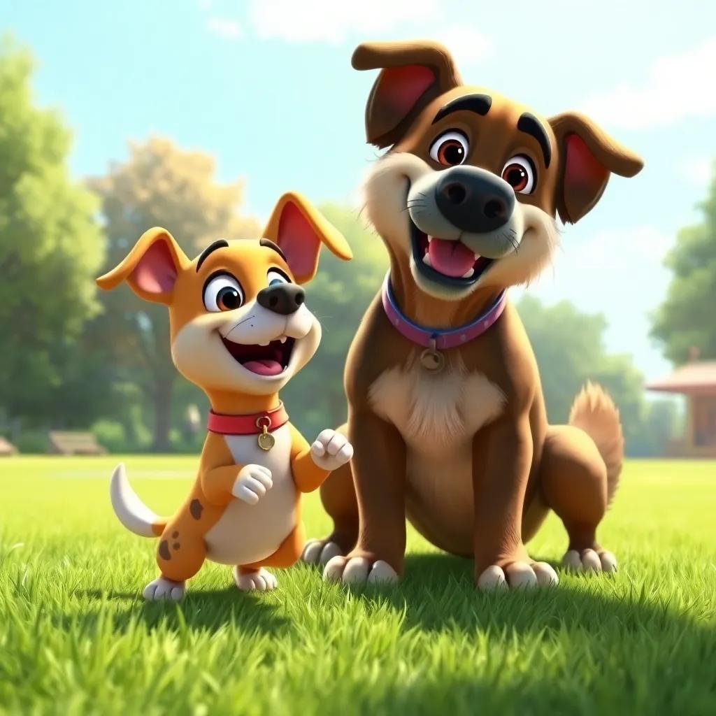 Spotty, the little dog, playing fetch with Max, a big friendly dog, in the park, both dogs look happy and playful, fun vibe, bright sunlight, detailed digital art, high quality