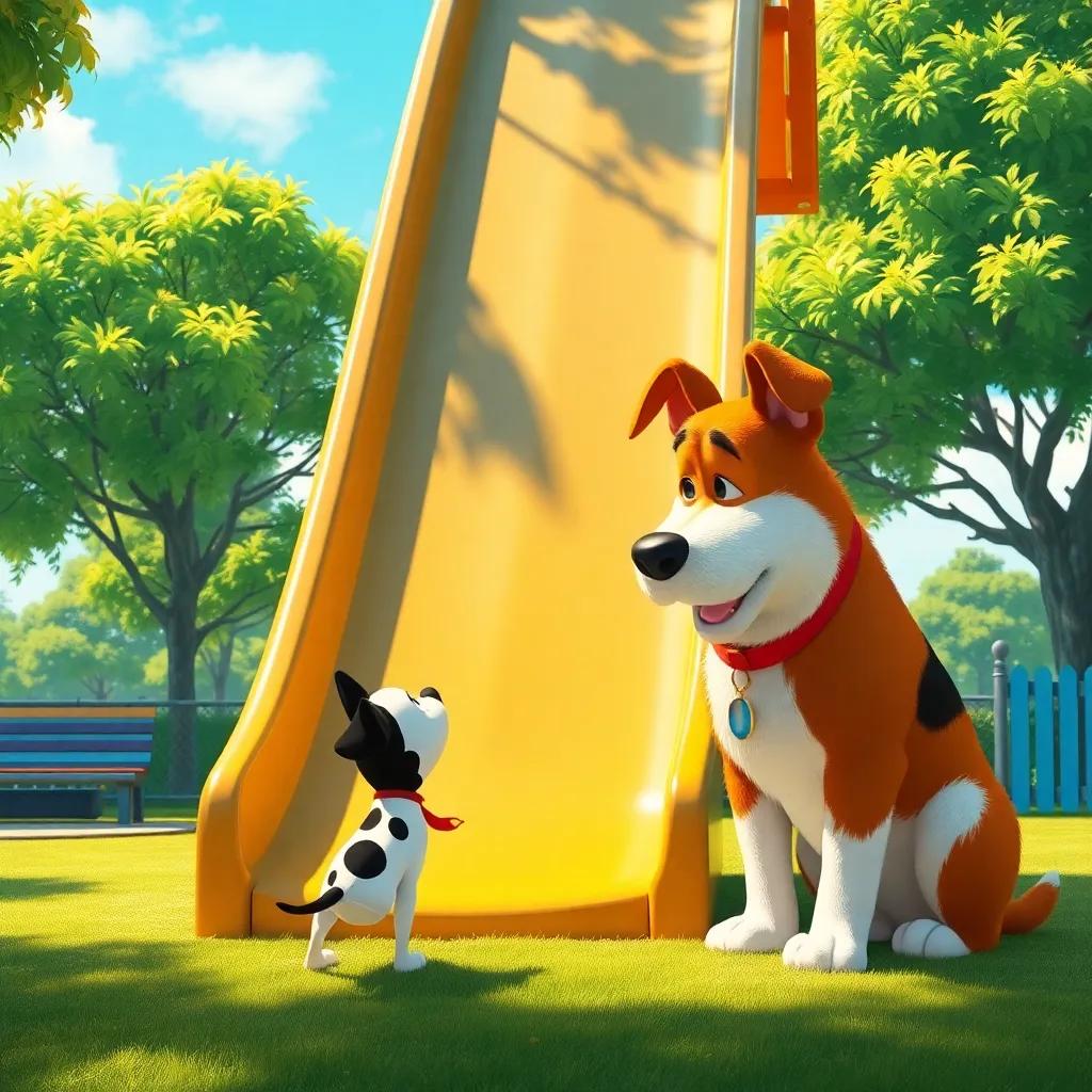 Spotty at the foot of a tall slide, looking up with determination, while Max, the big dog, encourages him from below, sunny park setting, hopeful atmosphere, colorful scene, high quality