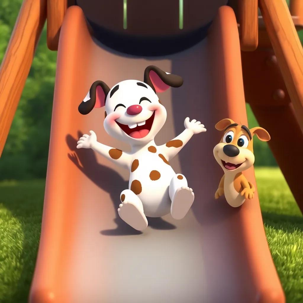 Spotty sliding down the slide with a big smile, feeling joyful, while Max watches proudly at the bottom, soft grass below, warm colors, playful mood, high quality