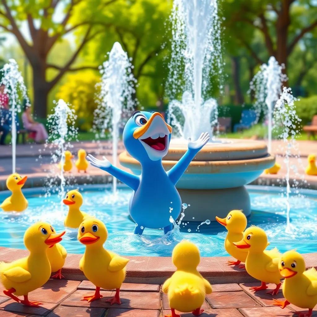 A sparkling fountain in the park, where Spotty joyfully splashes water, surrounded by cheerful ducks quacking and playing, vibrant atmosphere, detailed digital art, high quality