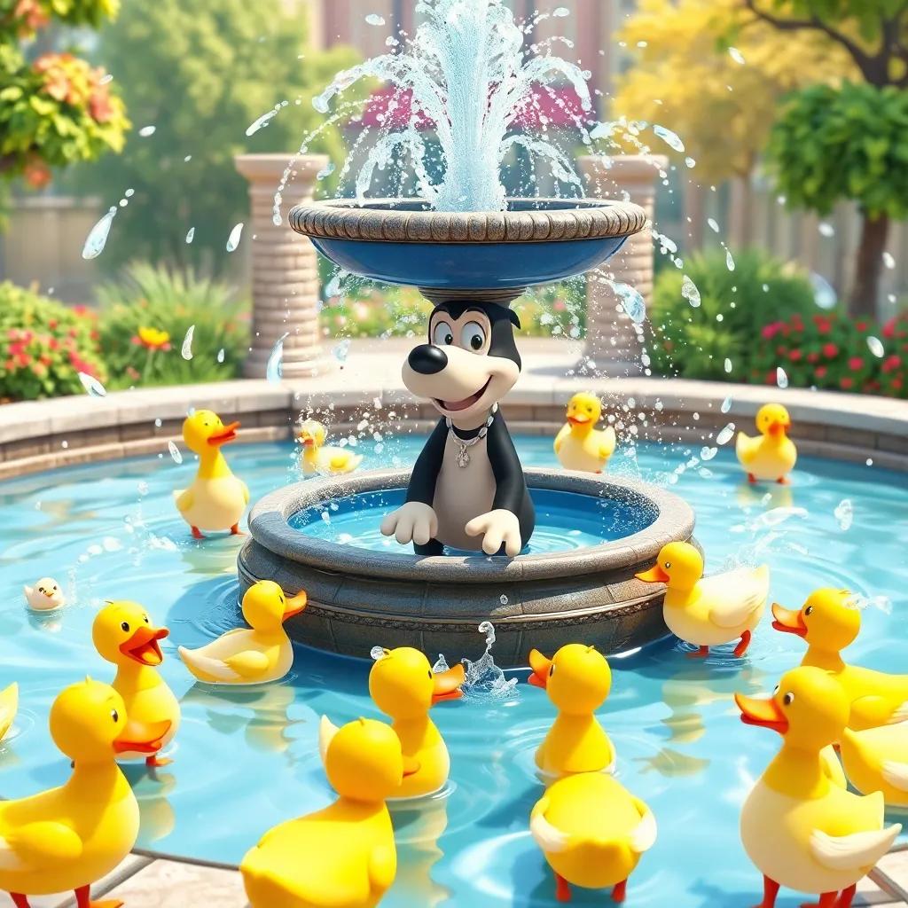 Spotty playing around the fountain with ducks, water splashing everywhere, all characters filled with happiness, joyfully animated, colorful scene, high quality