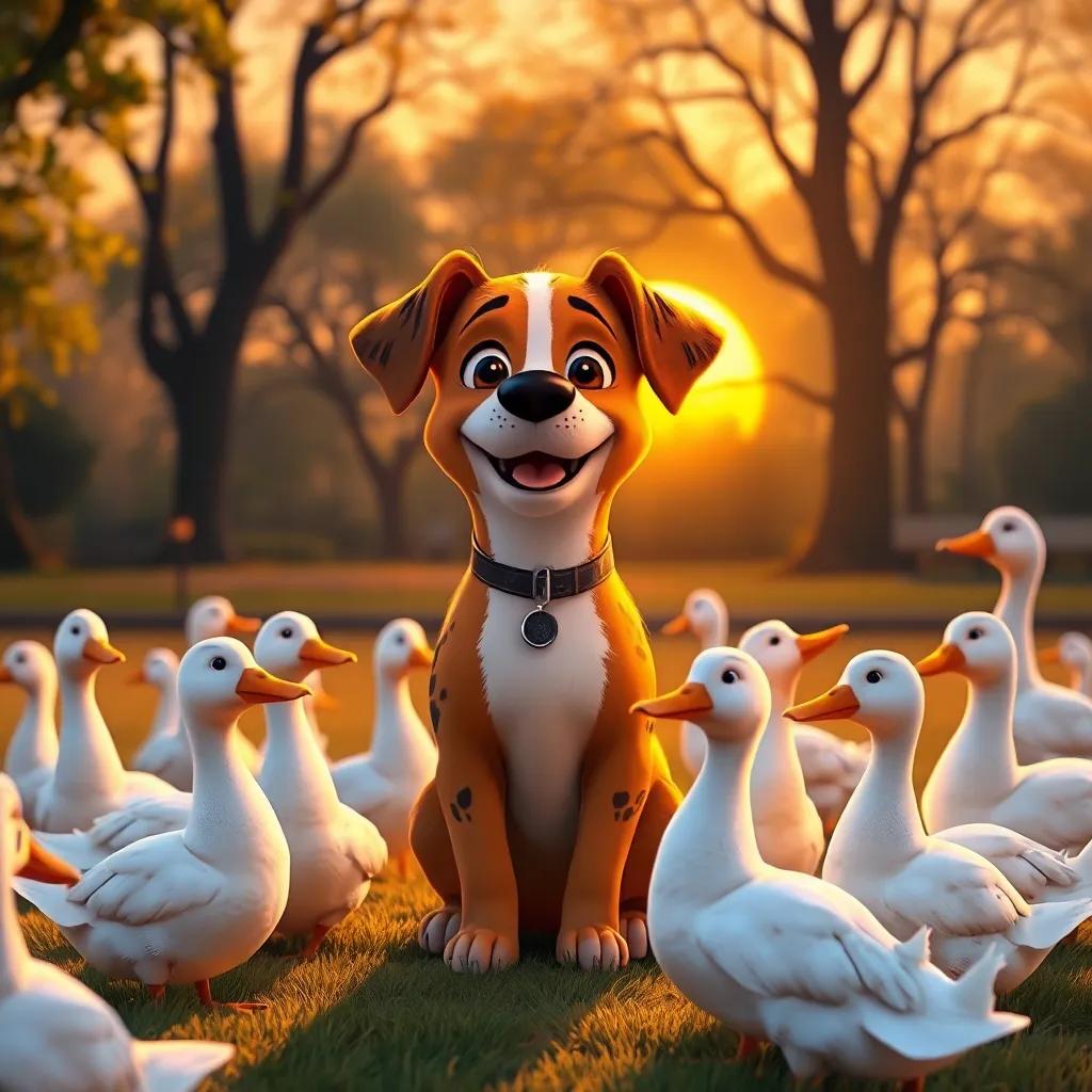 Spotty, the little dog, sitting proudly with his new friends, surrounded by ducks in the park, golden sunset behind, warm colors, peaceful atmosphere, high quality