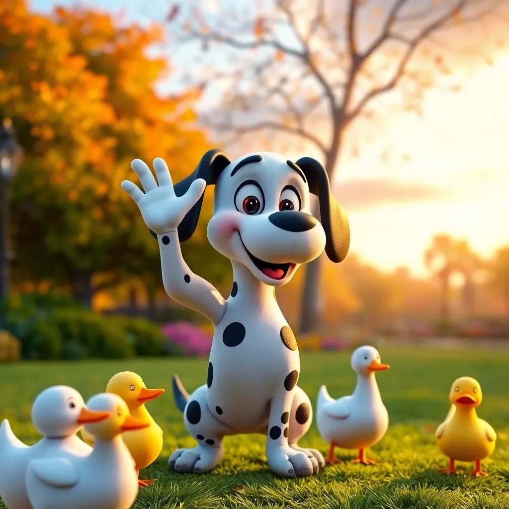 Spotty waving goodbye to Max and the ducks, with a smile, ready for more adventures, colorful park background, evening light, happy mood, high quality