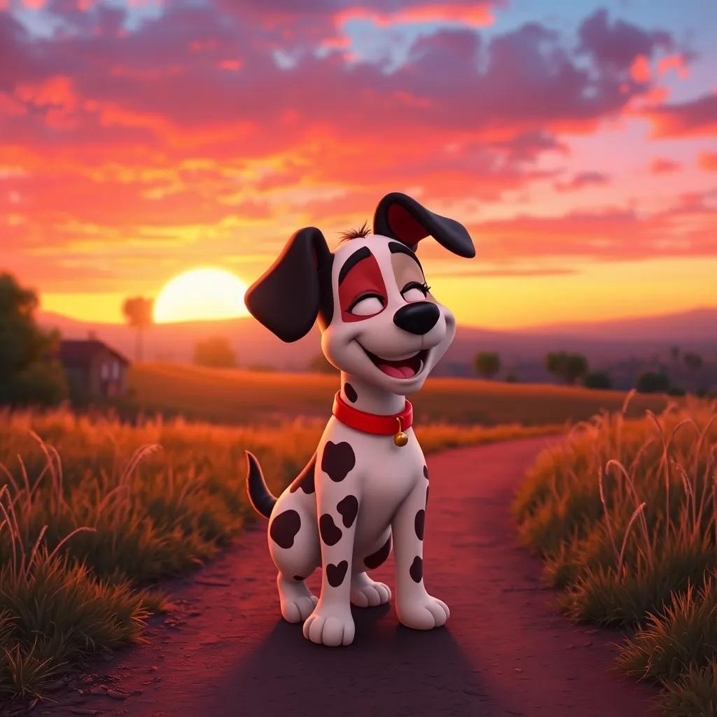 Spotty on his way home, tired but joyful, with a sunset painting the sky in warm hues, looking content, vibrant landscape, high quality