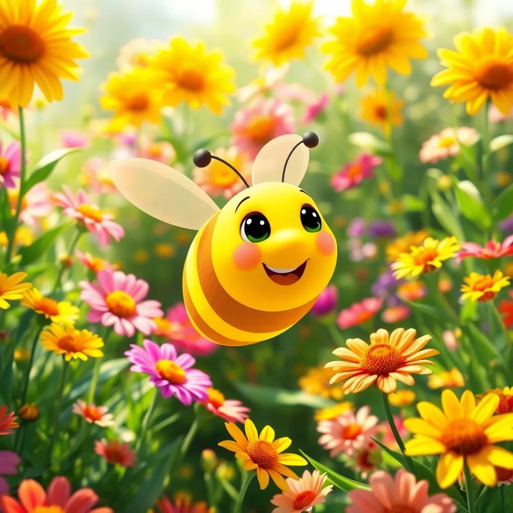 A little bee, Bella, with bright yellow stripes, buzzing happily in a colorful garden filled with vibrant flowers and greenery, bright sunlight, cheerful atmosphere, digital art, vivid colors, heartwarming