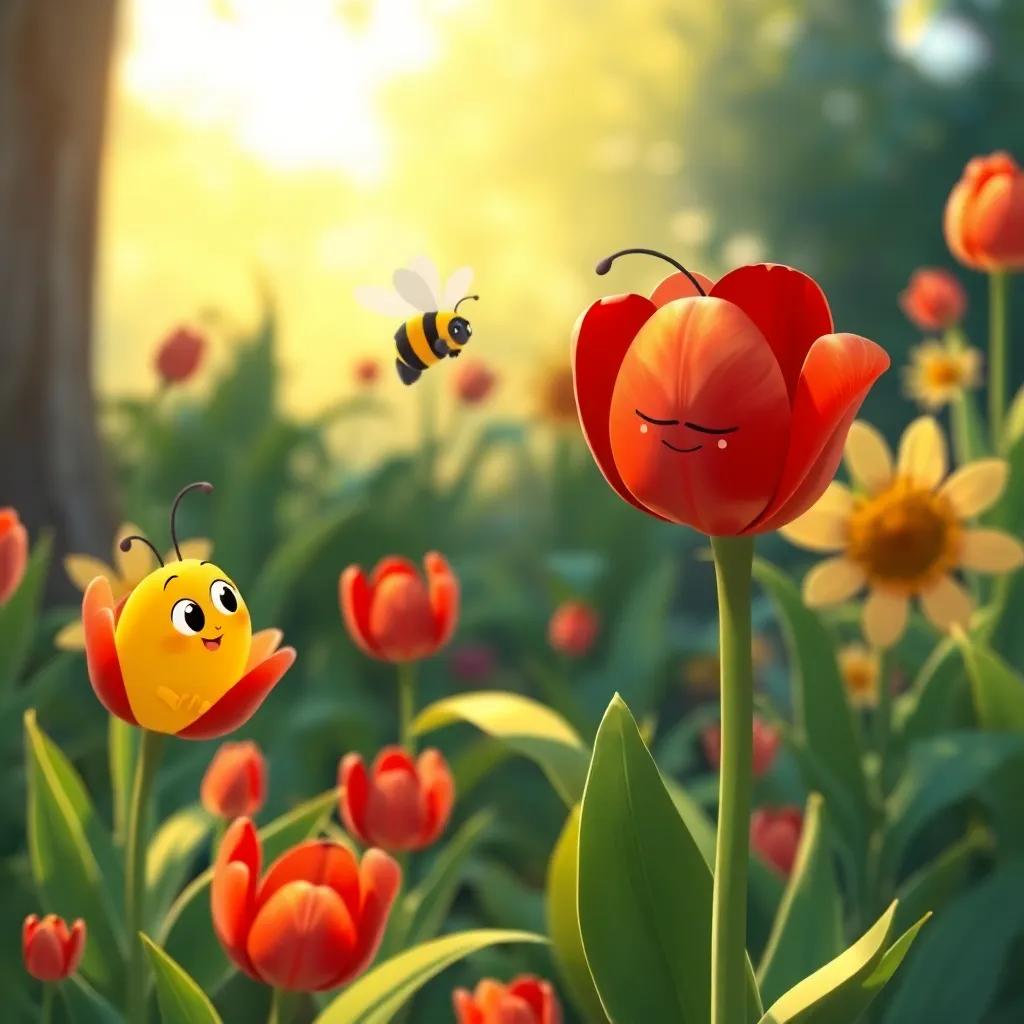 Bella the bee asking a droopy red tulip what's wrong, with other sad flowers looking on, in a garden filled with green leaves, soft sunlight, illustration, warm colors, engaging scene