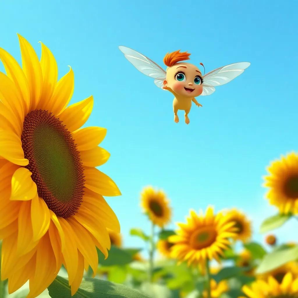 A big sunflower with golden petals and Bella flying around it, looking curious and determined, in a bright garden under a clear blue sky, colorful, dynamic composition, high quality
