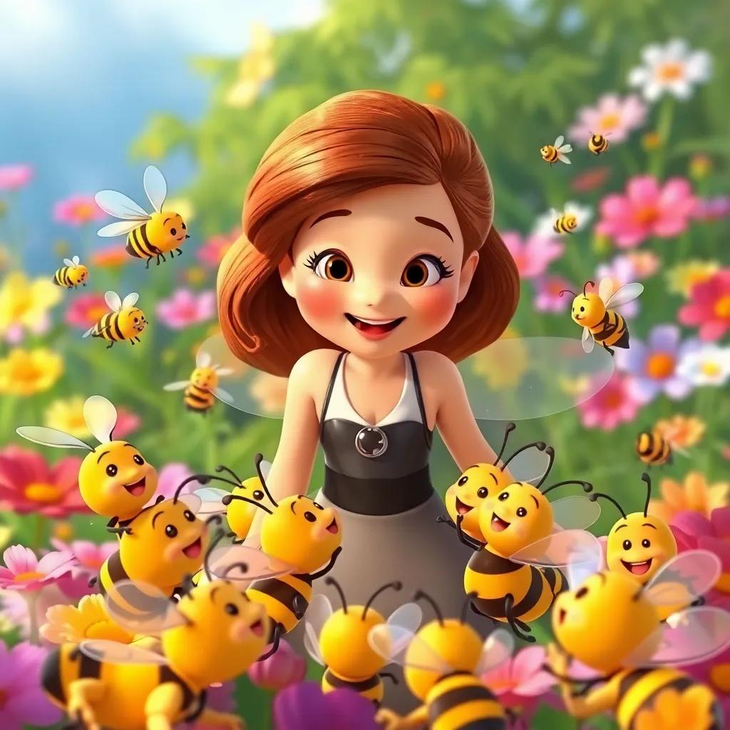 Bella gathering her bee friends, encouraging teamwork, with happy bees buzzing around, colorful flowers in the background, lively atmosphere, cheerful, colorful